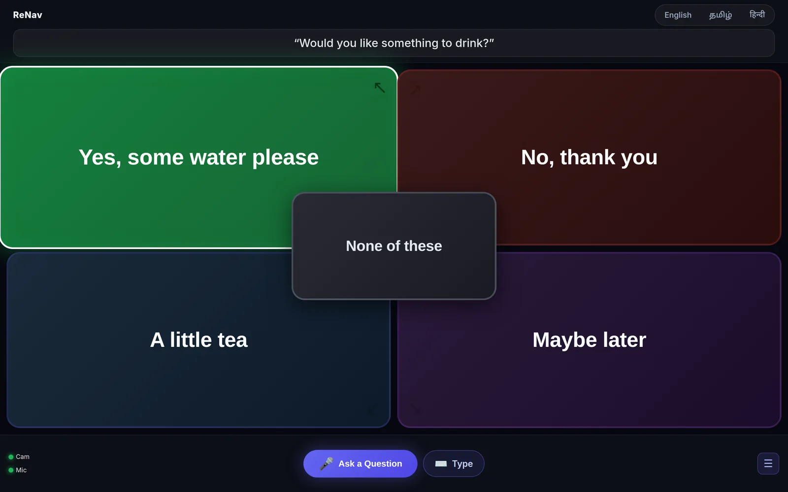 The ReNav patient screen: the question “Would you like something to drink?” above four large coloured answers, with “None of these” in the centre. “Yes, some water please” is highlighted.