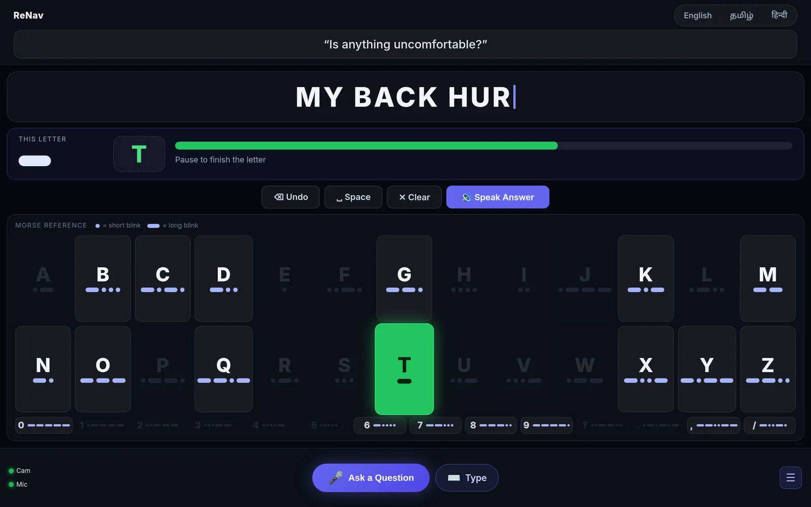 ReNav in Morse mode: “MY BACK HUR” spelled so far, a long blink being read as the letter T, and the alphabet chart with letters that no longer match dimmed.